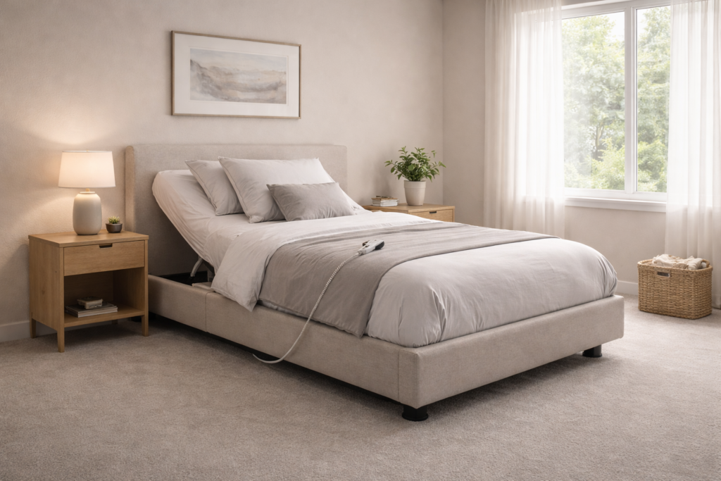 Adjustable medical bed positioned in a calm residential bedroom with soft natural light.