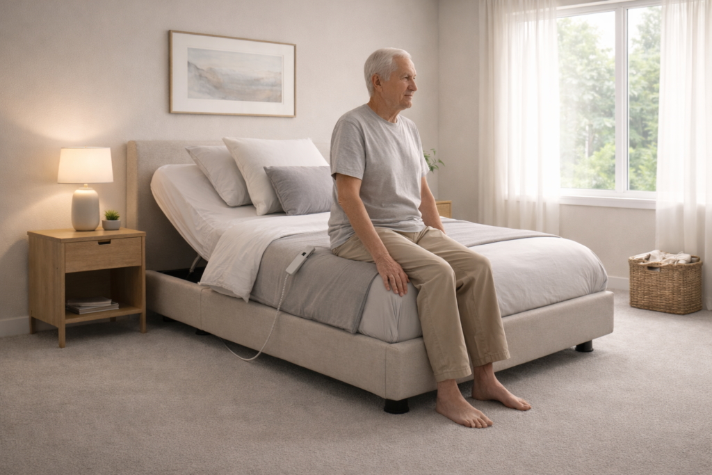 Older adult sitting upright on adjustable medical bed in a calm home bedroom.