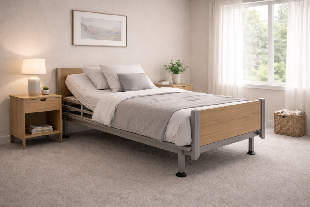 Home hospital bed positioned in a calm residential bedroom.