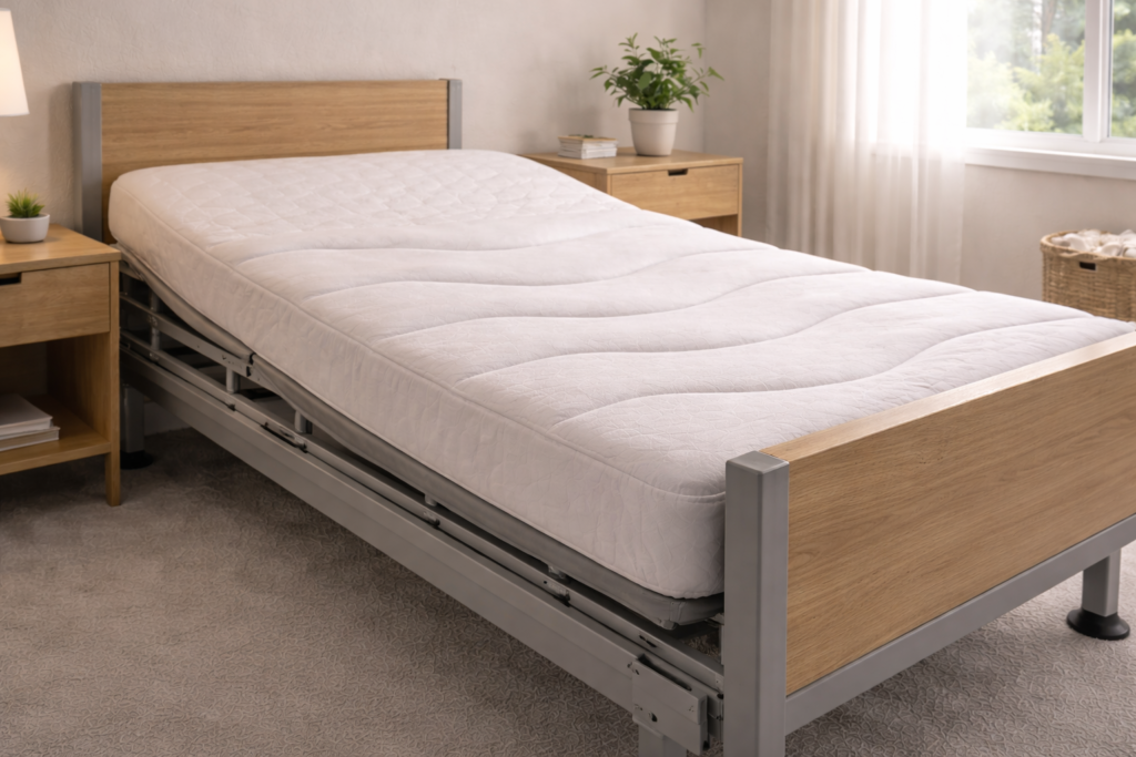 Pressure relief mattress on adjustable medical bed in residential bedroom.