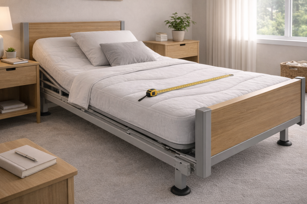 Adjustable medical bed in home bedroom with measuring tape for planning.