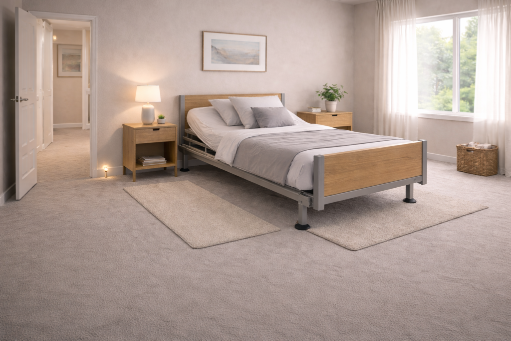 Bedroom layout with adjustable medical bed and clear transfer space.