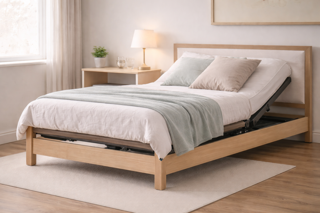Side view of adjustable bed in home bedroom showing raised head section for positioning comparison