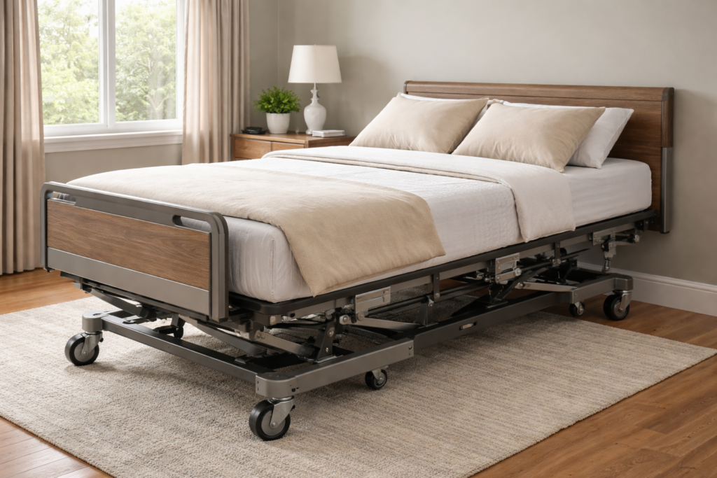 Sturdy adjustable home hospital bed with reinforced frame in a residential bedroom.